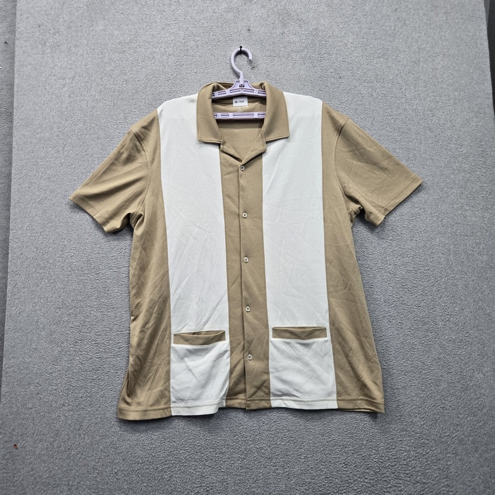 Lands' End Men Button Up Shirt XL (46-48) Tan Colorblock Short Sleeve Camp
